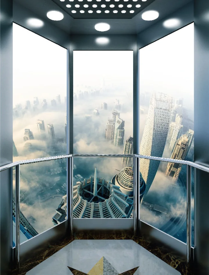 Panoramic lift interior with glass walls and city views