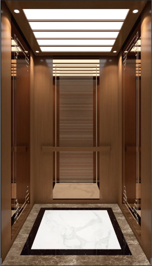 Passenger lift cabin in warm wood and marble