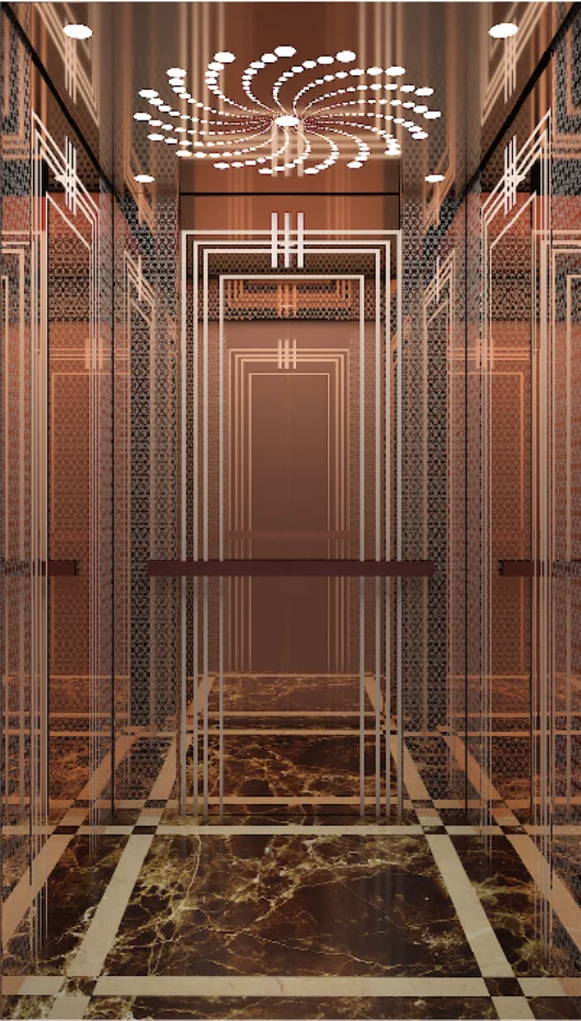 Decorative passenger lift cabin with bronze detailing